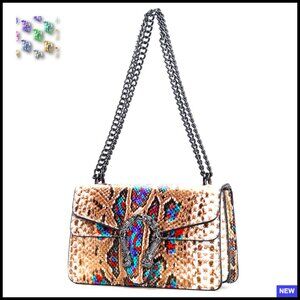 Vintage Snake Print Crossbody Bag PU Leather Chain Strap Satchel Handbag
